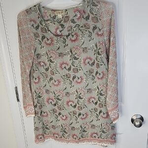 ONE WORLD Floral Pink and Green Tunic Top